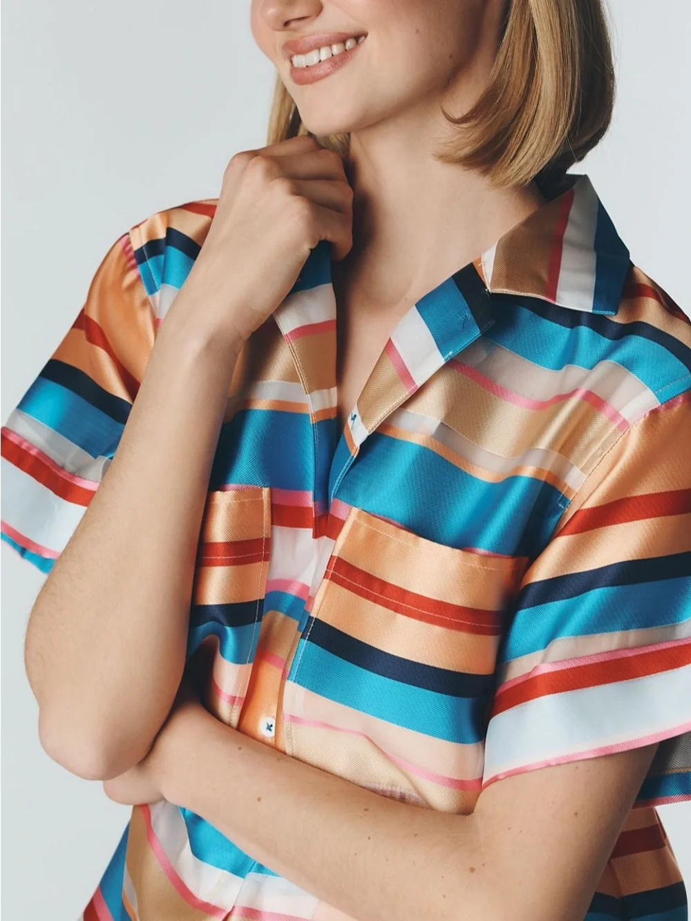 Maeve by Anthropologie Button-Up Shirt in blue, red, pink and sheer stripe.